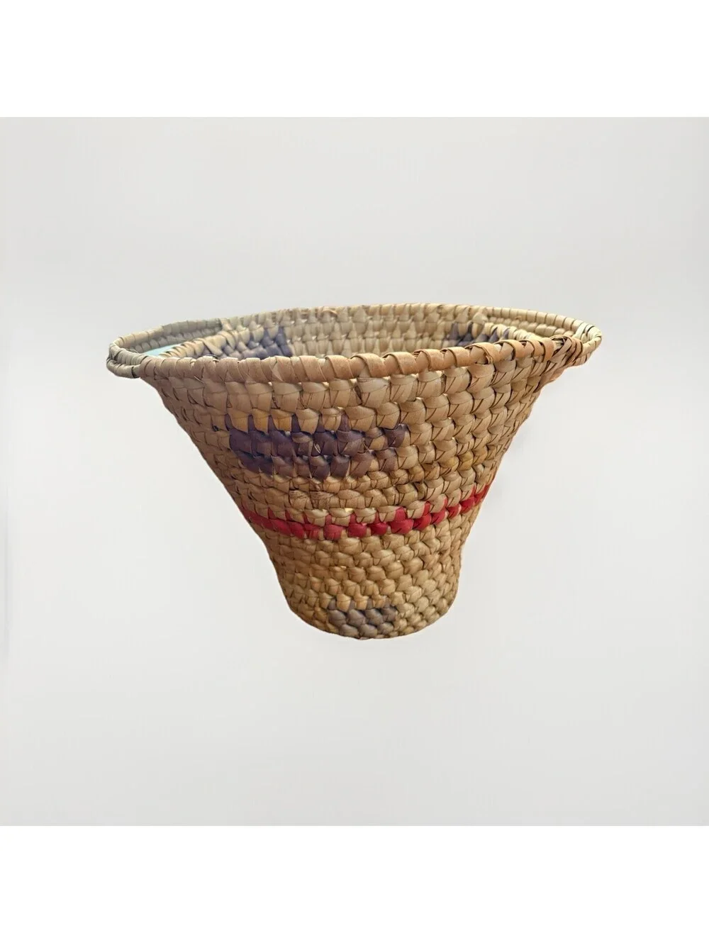 Vintage Handmade Coiled Basket With Handles Light Blue & Pink 14